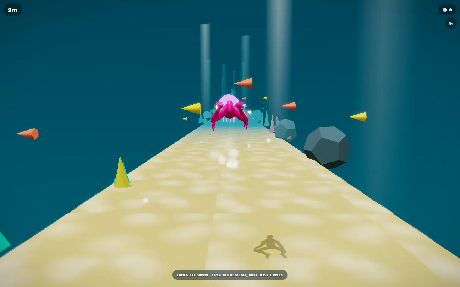 A pink swimmer above a pale sand corridor in deep teal water, with an on-screen hint to drag to swim.