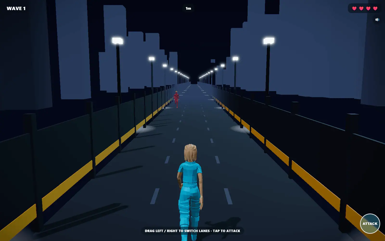 A fighter alone on a dark city street at night under a receding line of streetlights, the wave counter reading one.