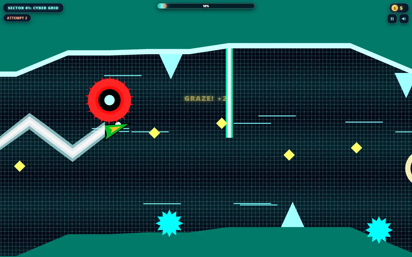 A red ring riding a neon zigzag line through a dark green cavern, spikes above and below.