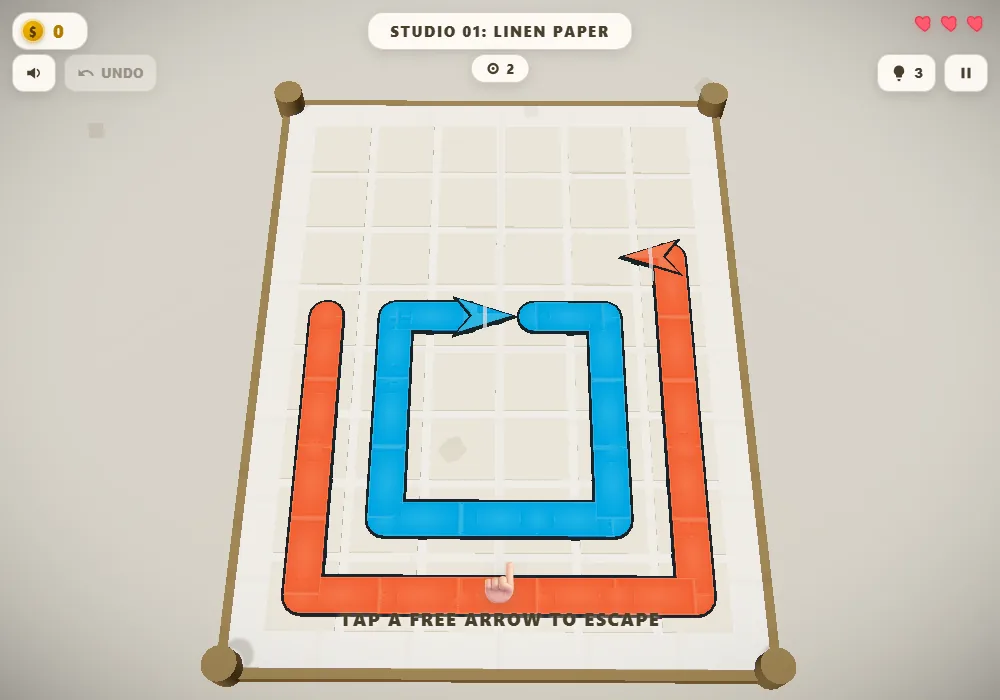 A paper grid puzzle with a blue arrow path coiled inside an orange one and a red arrow free at the edge.