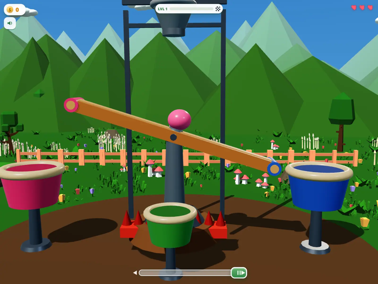 A pink ball rolling along a tilting wooden beam above three coloured buckets.