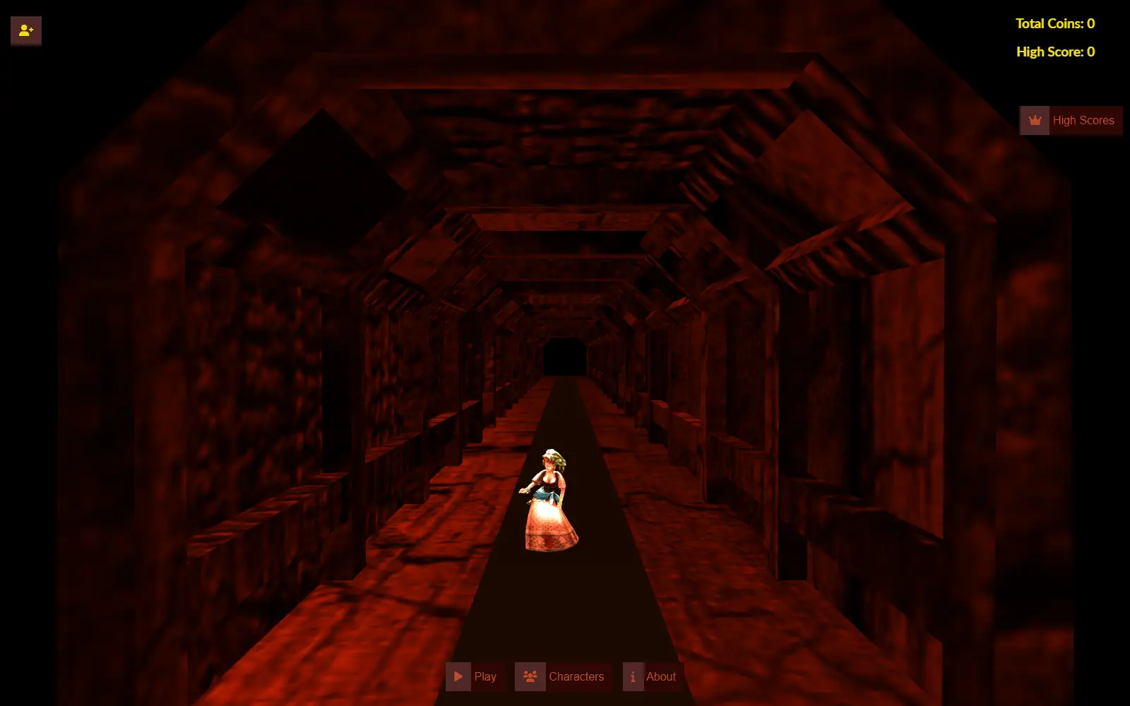 A character running a dark red stone corridor lit from the far end.