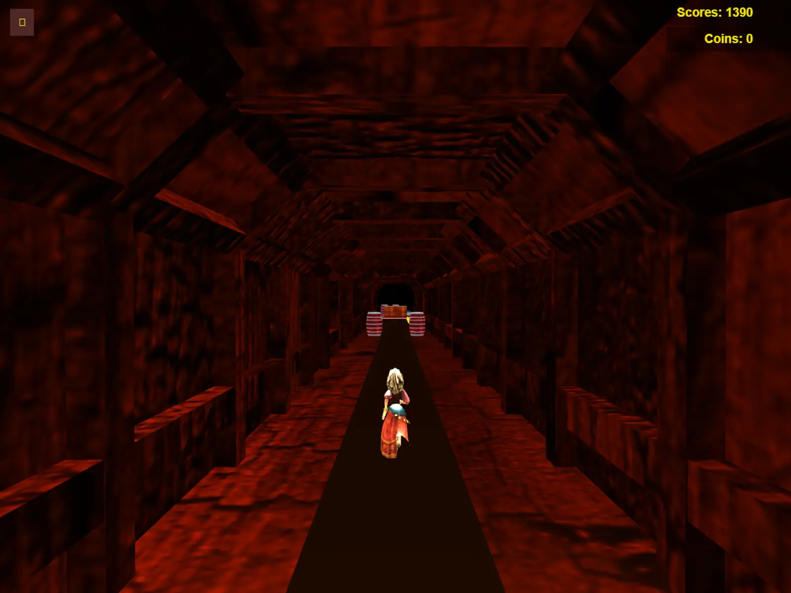 A character deep in a dark red stone corridor, score and coin counters in the corner.
