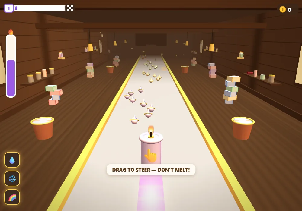 A lit candle running a bright lane down a wooden hall lined with orange cups.