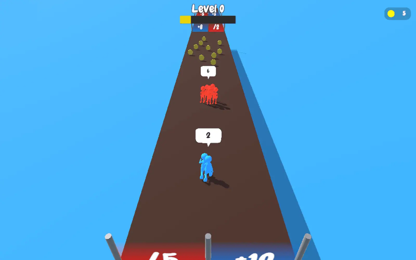 A single runner on a narrow track split red and blue, counted gates waiting at the end.