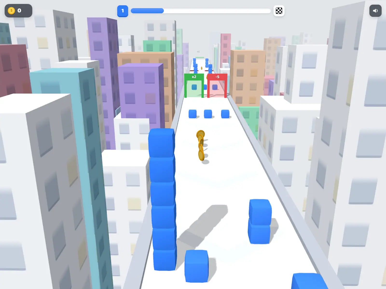 A runner carrying a column of blue cubes down a white street between pastel tower blocks.