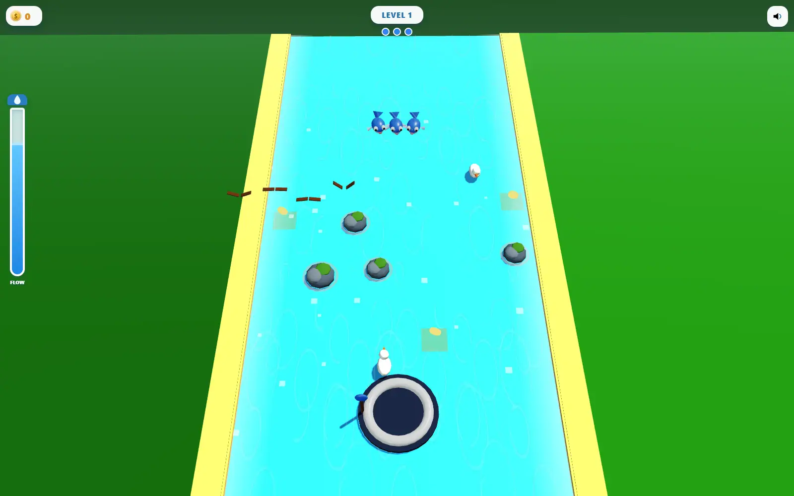 A dark whirlpool at the end of a bright blue water lane, small objects drifting toward it.