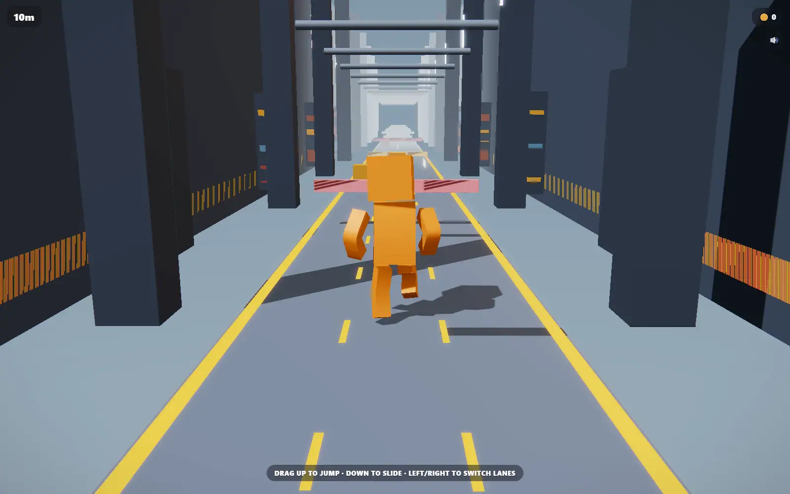 An orange character running down a grey corridor marked out with yellow lane lines.