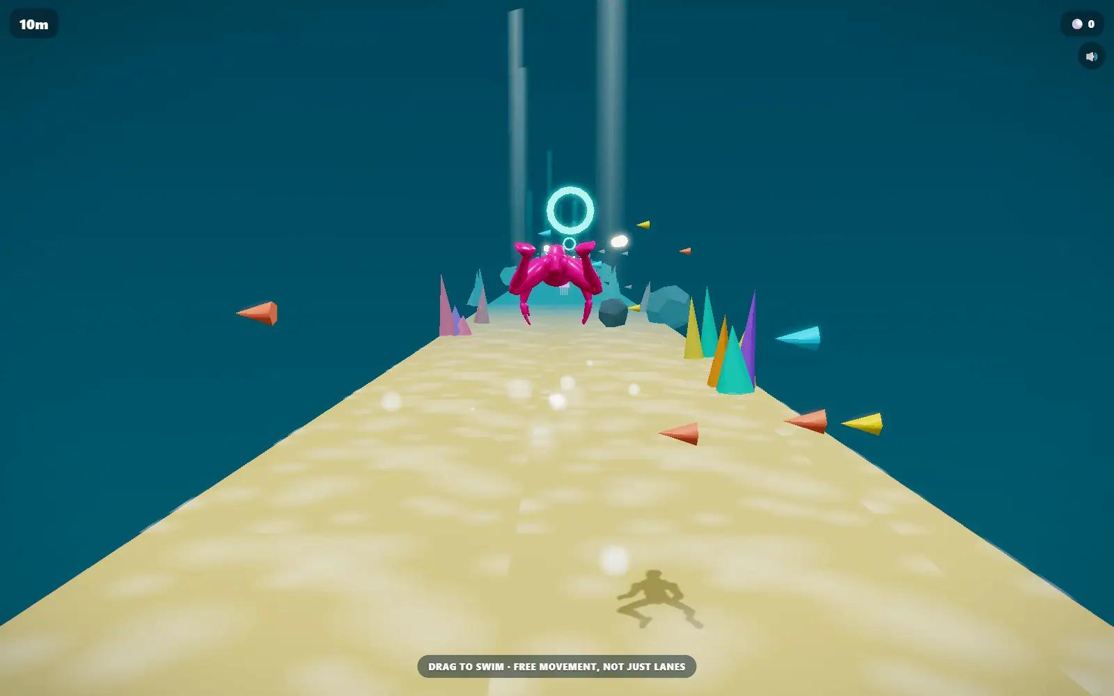 A pink swimmer heading for a glowing ring above a sand ridge in deep teal water.