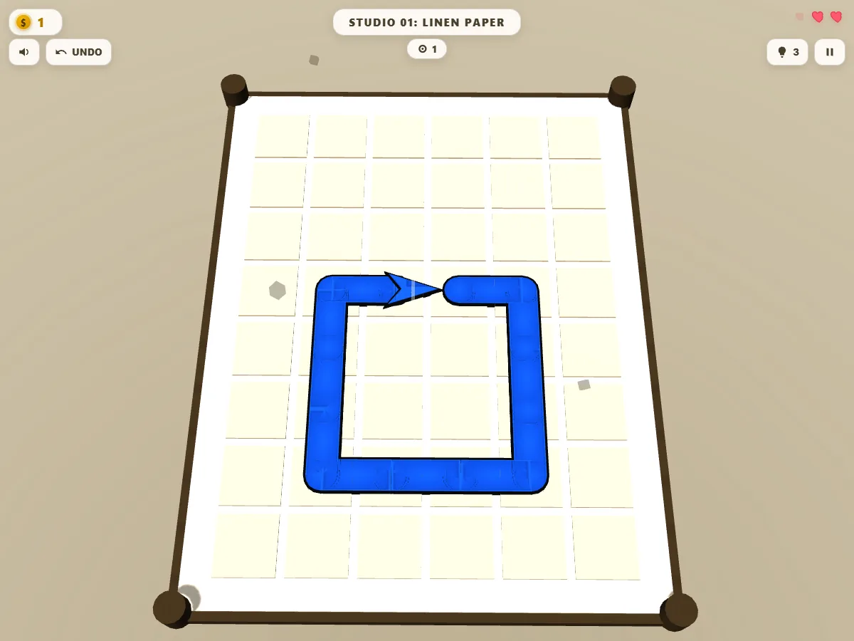 An early level of the paper arrow puzzle: one blue arrow looped on a sheet of grid paper.