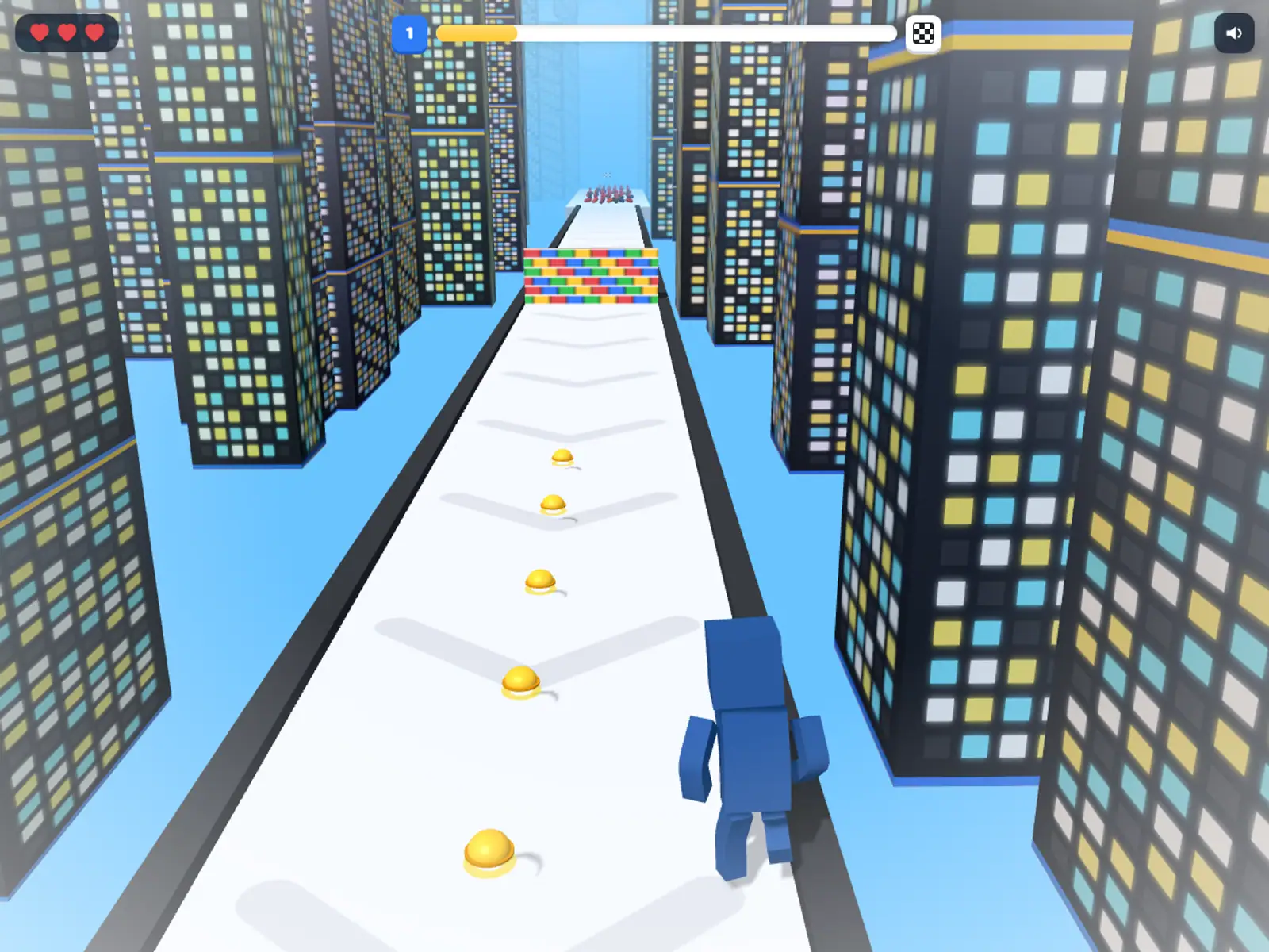 A blue character running a snowy street between tall lit office towers, coins strung out ahead.