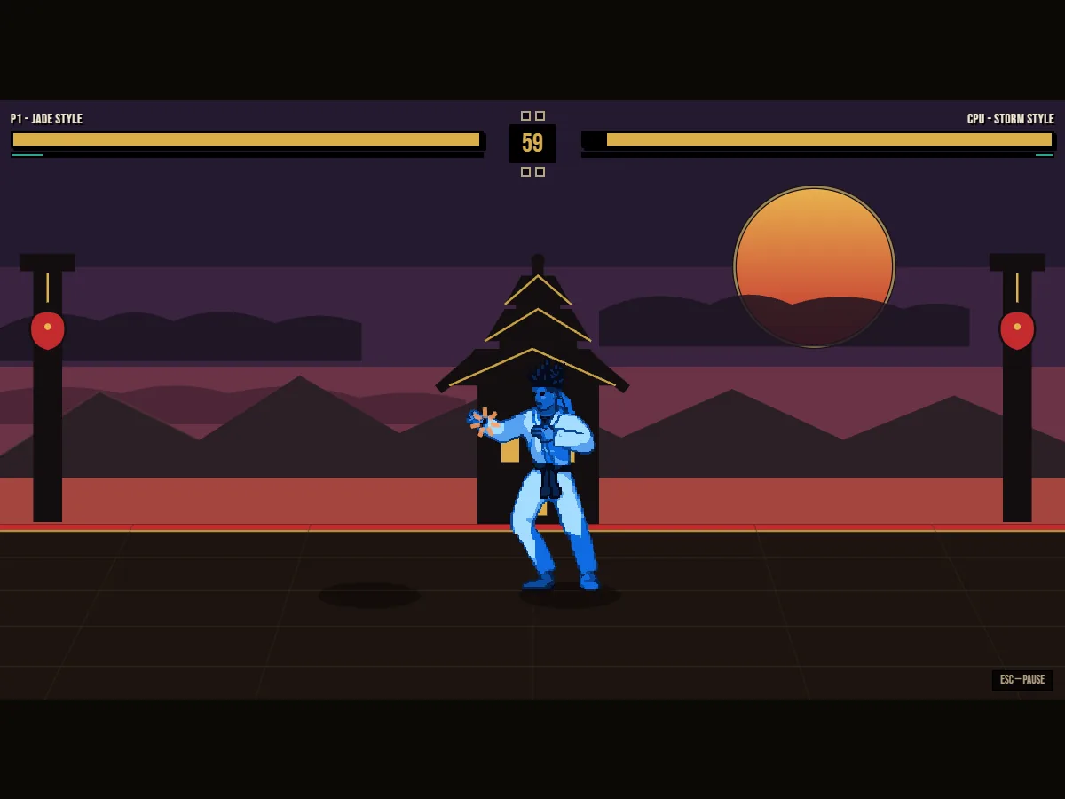 A blue two-dimensional fighter in front of a pagoda at sunset, both health bars still full.