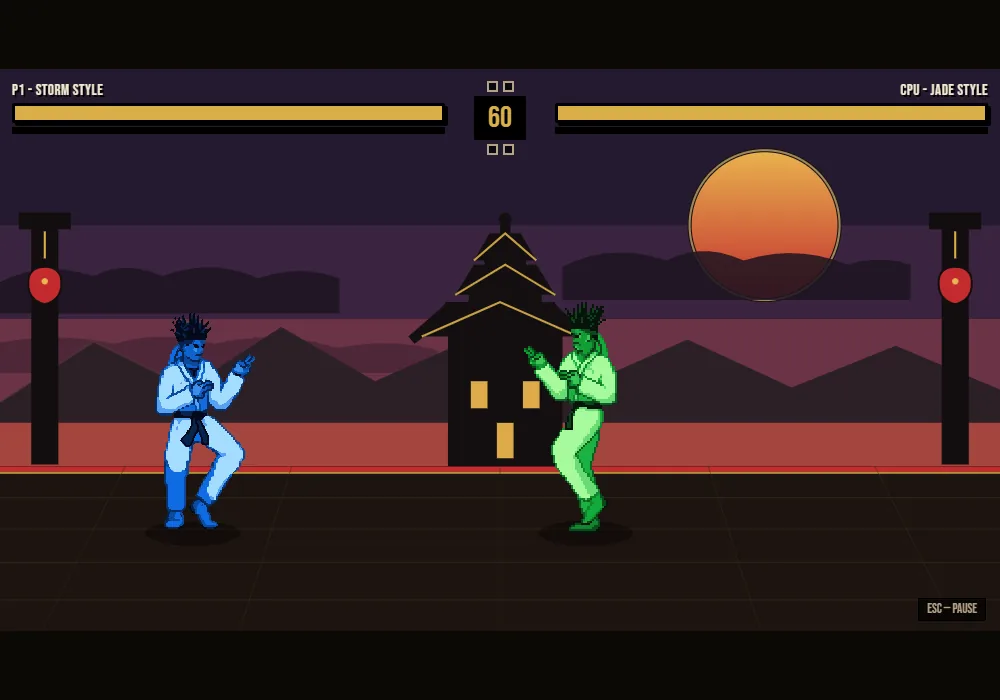 A blue and a green fighter squaring up in front of a pagoda at sunset.