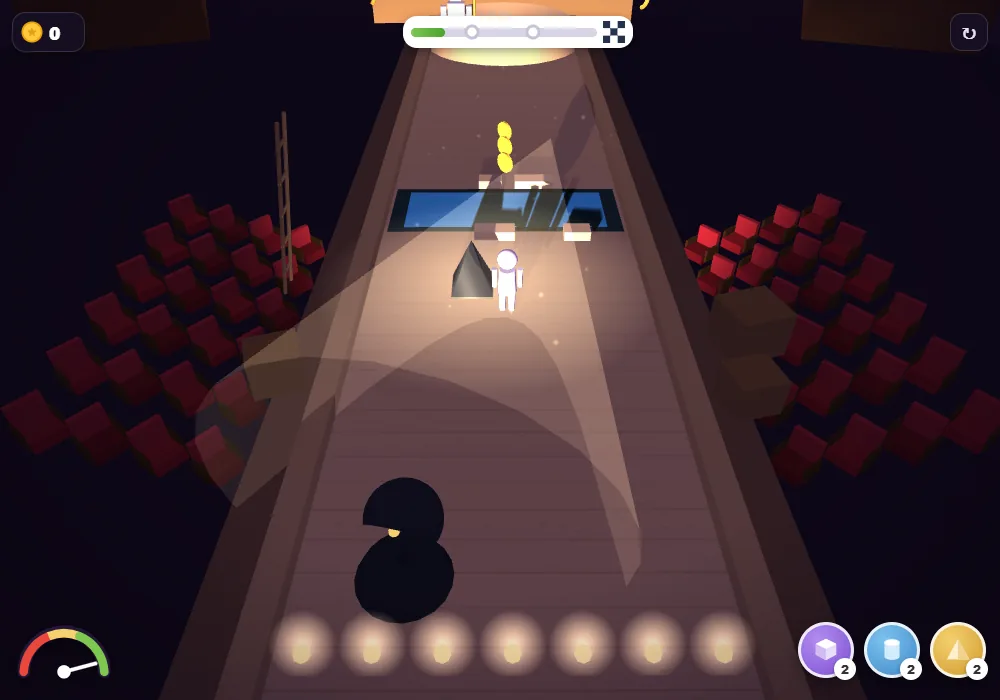 A figure lit by a single spotlight on a dark walkway, its shadow thrown across the path below.
