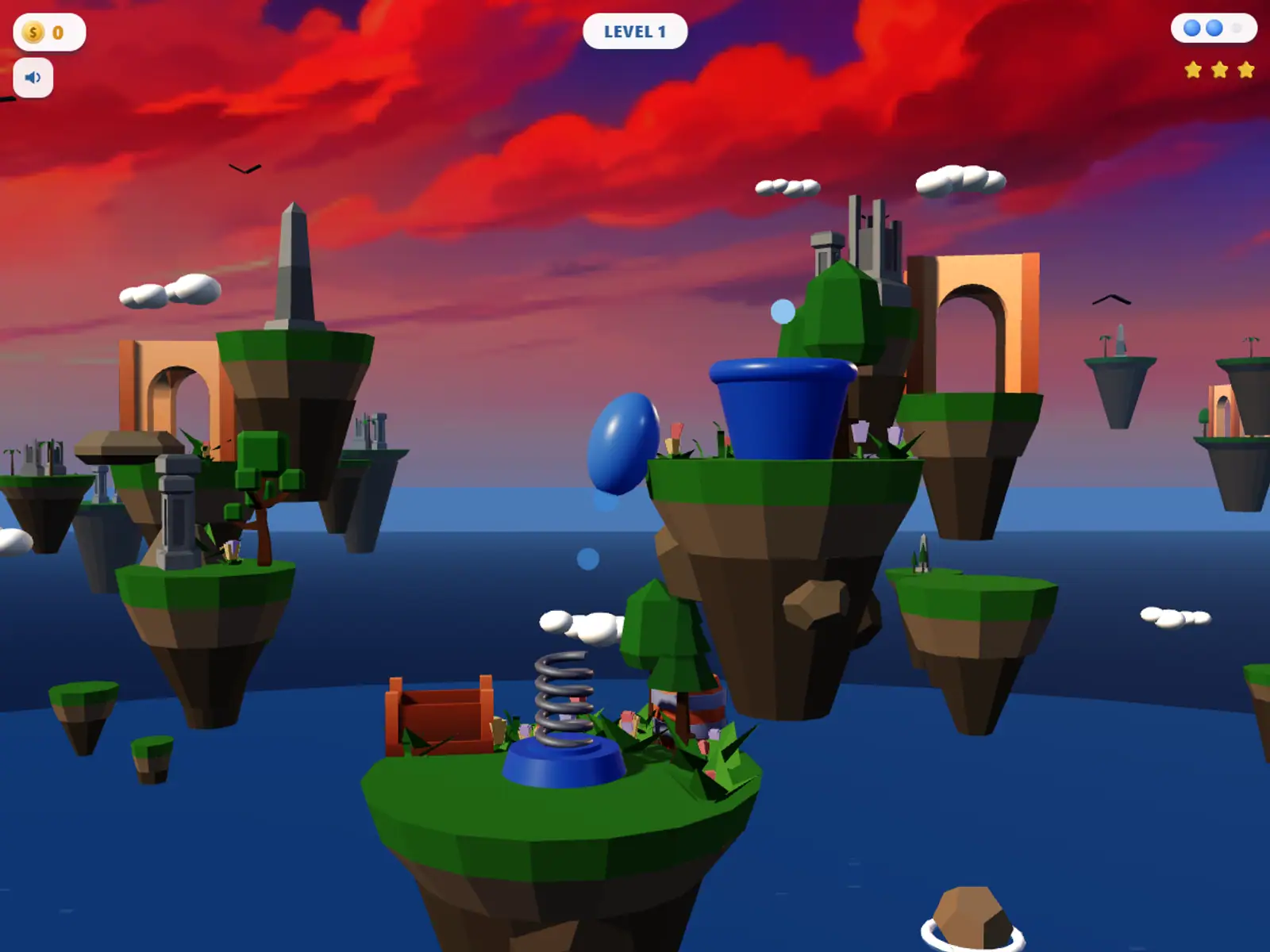 A blue ball on a spring among floating islands at sunset, a barrel target on the platform ahead.