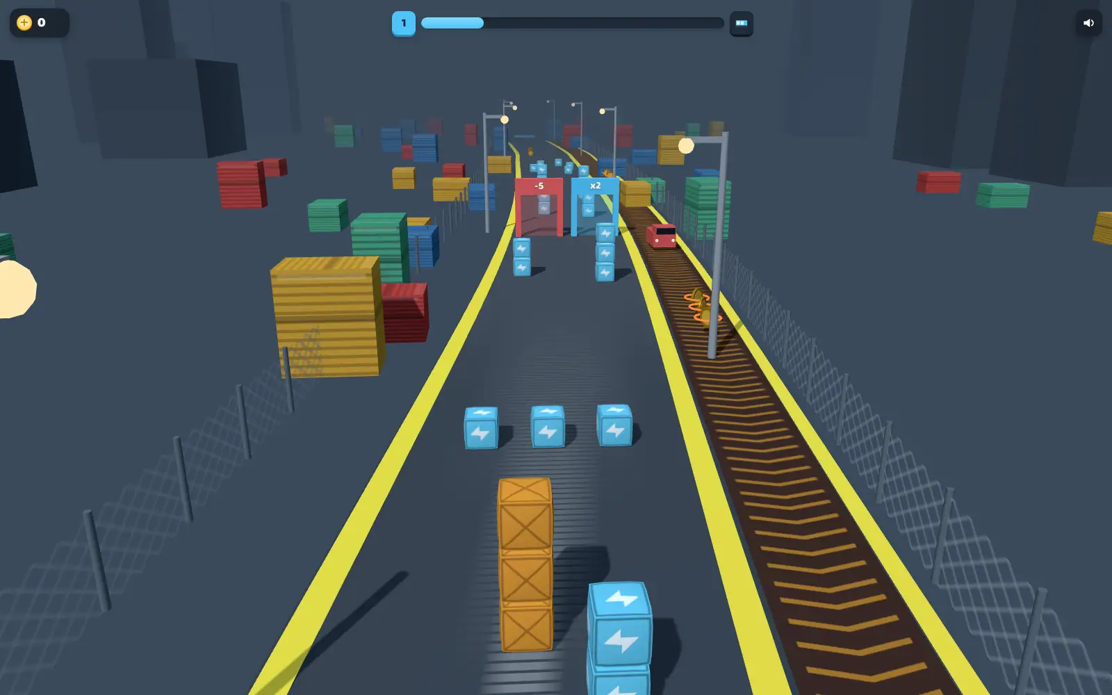 A runner on a dark industrial track lined with stacked crates and a yellow boundary line.