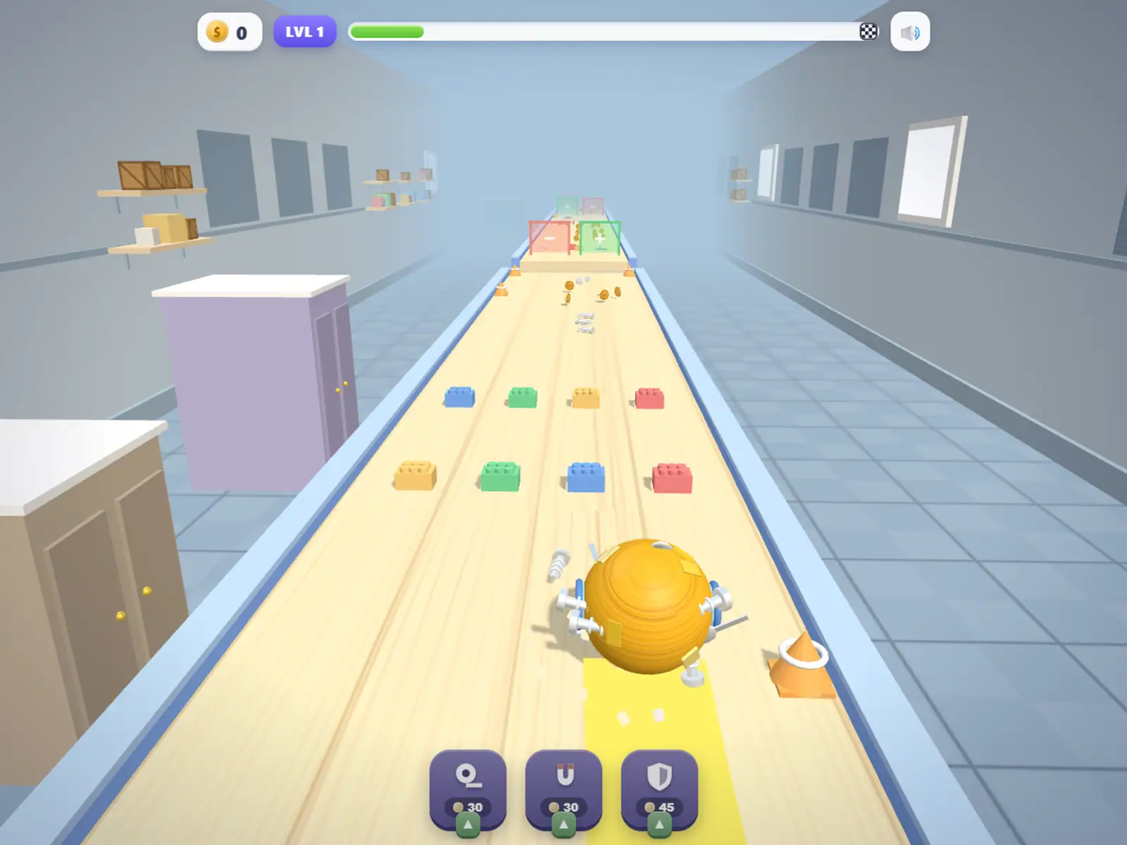 A large orange sticky ball rolling down a shop aisle, coloured pickups laid out in its path.