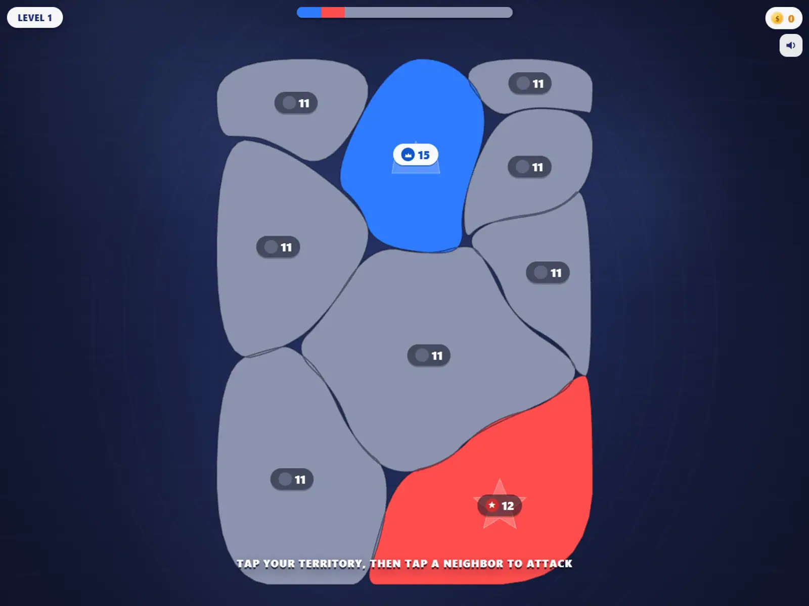 A map of linked grey territories with one blue and one red holding, each marked with its troop count.